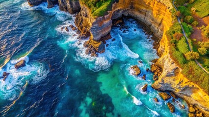 Sticker - Aerial topdown view of colorful sea and cliffs