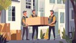 © Pascal - Young mover male team carrying tv set for moving, individual or company worker job moving things, possessions, boxes, from house to another, workmen wearing uniform helping to change residence