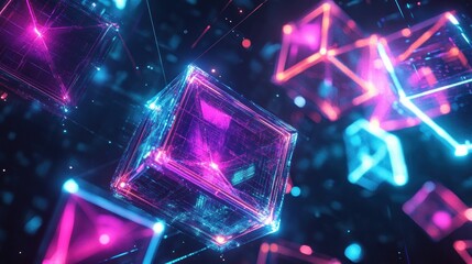 Canvas Print - Abstract Neon Cubes with Glowing Lines