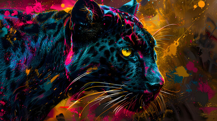 Portrait of black Panther, Abstract art colourful painting black Panther	
