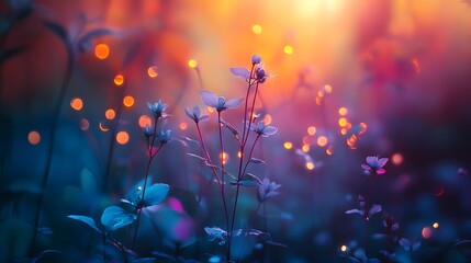 A serene landscape of colorful flowers with dreamy bokeh lights creating a magical atmosphere at dusk.