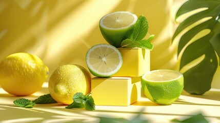 A stack of two yellow boxes against a calm, sunny surface featuring lemon, lime and mint for a composition that highlights freshness and vitamin C.