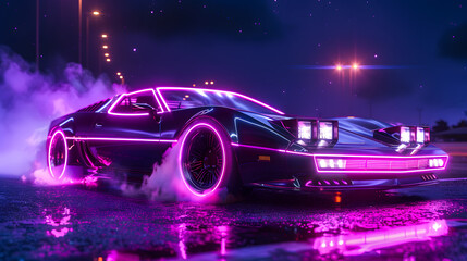 Wall Mural - Driving in the night futuristic synthwave car in purple and blue neon lights