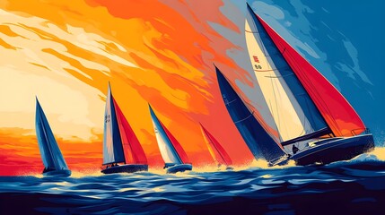 Wall Mural - a flat design of a sailboat race with bright, contrasting colors