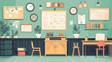 Wall Mural - flat design of a classroom poster with educational icons for different subjects