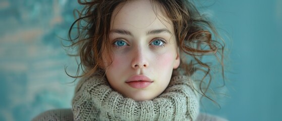 Wall Mural - Portrait set of a young woman wearing a warm knitted winter sweater