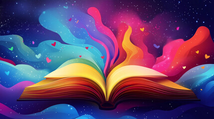 Open Book with Colorful Flowing Pages and Hearts, Imagination Concept