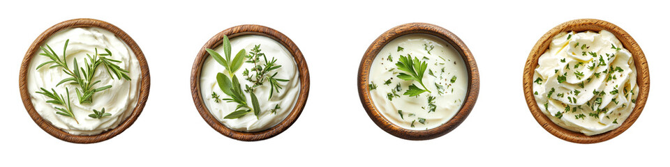 Aufkleber - The image includes sour cream on a wooden plate with herbs and onions, mayonnaise and yogurt, separated on a white background, with full depth of field.
