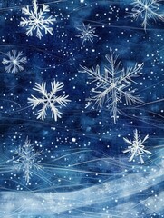 Poster - Delicate snowflakes float gracefully in a rich blue background, creating a tranquil and enchanting winter atmosphere with swirling lines. Generative AI