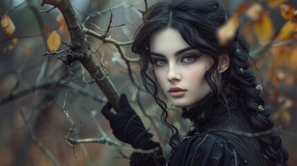 Amidst a dark and haunted forest, a woman with black hair and a serious look, dressed in black, channels the essence of a mystical witch with dark makeup.