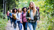 © KamokamoZa - Group of student trekker walking in to the woods jungle. - happy people in the forest during hiking day.