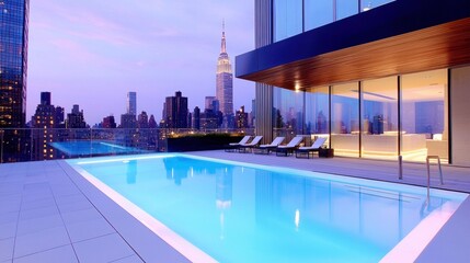 Wall Mural - Twilight Tranquility: Rooftop Oasis Pool with Breathtaking Views of New York City Skyline