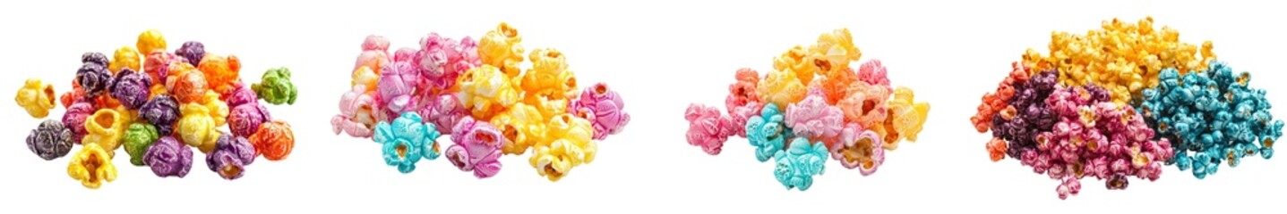 Poster - A colored fruity popcorn on an isolated white background. A clipping path is used, and full depth of field is used.