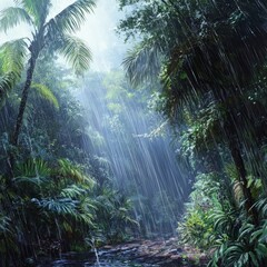 Canvas Print - A lush, green tropical rainforest with palm trees and a small creek running through it. The sun is shining through the trees, creating a beautiful light show.