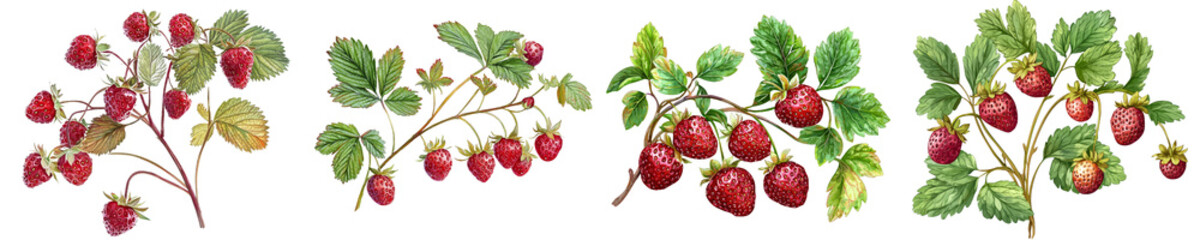 Wall Mural - Full depth of field, wild strawberry isolated on white background