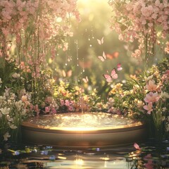 Canvas Print - A magical, sunlit garden with a fountain, blooming flowers, and butterflies.