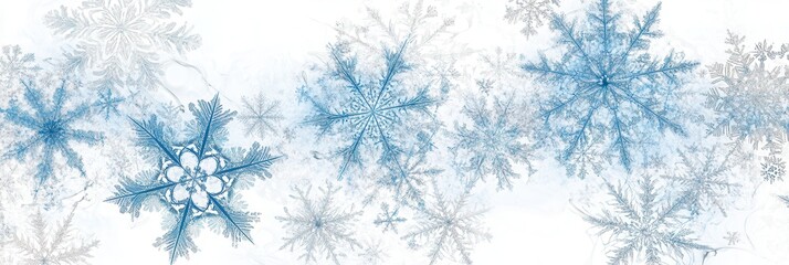 Leinwandbilder - Stylized snowflakes in varying sizes and shades gracefully intertwine with soft blue lines, evoking a tranquil winter atmosphere. Generative AI