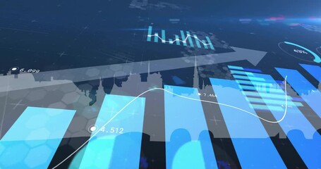 Poster - Financial data analysis animation over city skyline with bar and line graphs