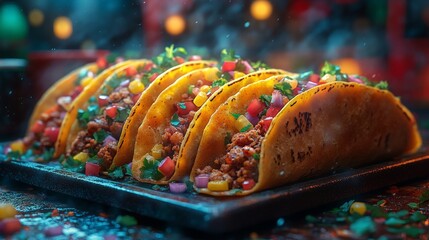 Close-up of glowing neon tacos, with vibrant colors and digital effects, cyberpunk street food scene, hyper-realistic, high detail, photorealistic