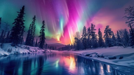 Wall Mural - beautiful landscape with aurora borealis