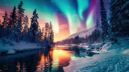 Wall Mural - beautiful landscape with aurora borealis