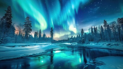 Wall Mural - beautiful landscape with aurora borealis