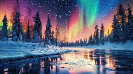 Wall Mural - beautiful landscape with aurora borealis