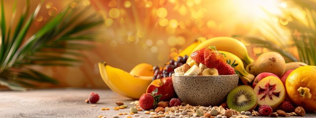 Healthy fruit salad bowl surrounded by tropical fruits in a vibrant setting