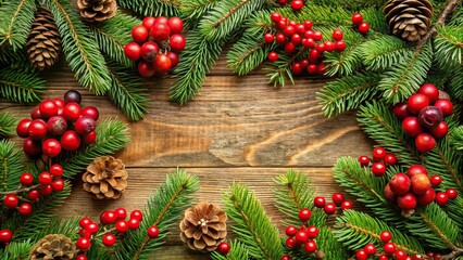 Close-Up Christmas background made from pine tree berries and festive decorations with copy space