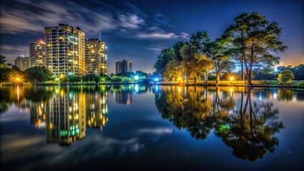 Close-up dark night scene at the lagoon with building and trees reflected in the water