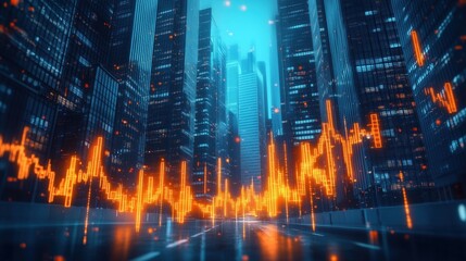 Poster - City Skyscrapers with Digital Market Indicators. Abstract cityscape with skyscrapers and glowing orange digital market indicators, illustrating financial growth and urban development.