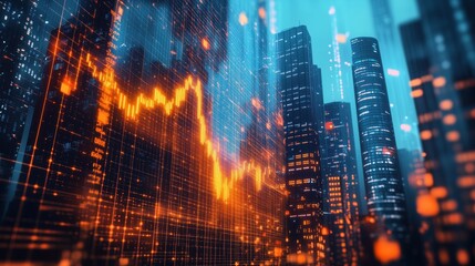 Poster - Digital Financial Graphs in Modern Cityscape. High-tech city scene with glowing digital financial graphs overlaying skyscrapers, representing the connection between urban growth and finance.