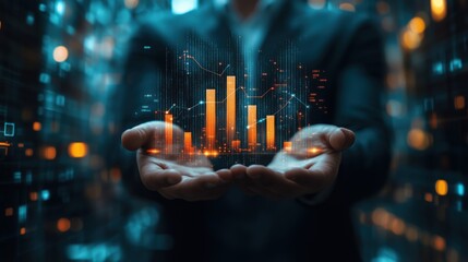Poster - Business Hands Presenting Digital Financial Graphs. Pair of hands presenting glowing digital financial graphs, symbolizing the power of data analysis and successful business management.