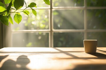 A tranquil scene with soft sunlight streaming through a window, casting gentle shadows on a wooden table with a plant.