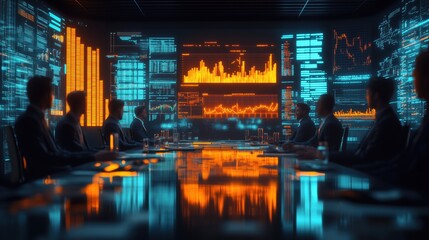 Poster - High-Tech Boardroom with Financial Data Display. Futuristic corporate boardroom featuring large screens showing financial data and stock market charts, representing modern business strategy.