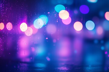 Poster - colorful city lights reflecting on rain-soaked glass during nighttime in an urban environment with a