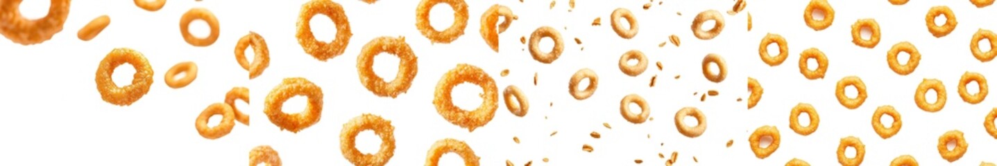 Aufkleber - An image of a falling fried onion ring, isolated on white, selectively focused