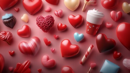 Wall Mural - 3D Valentine's Day Hearts and Candy on Pink Background