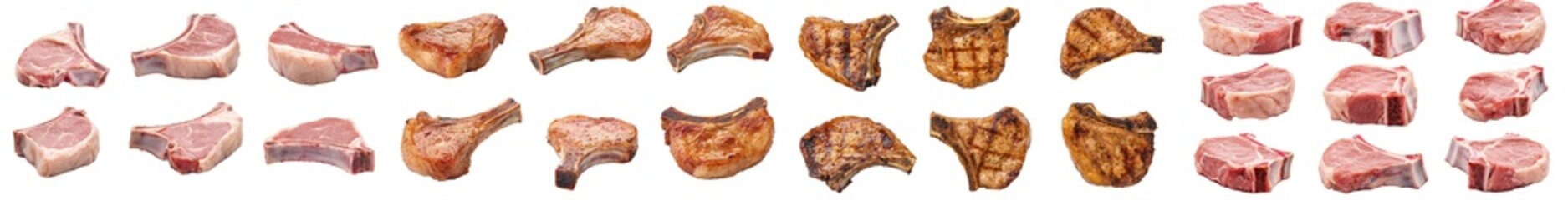 Poster - A plate of raw meat on a white background with pork and beef chops on a bone, clippings from the clipping path, depth of field is full