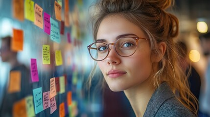 Poster - professionals engage in project management using sticky notes on an agile board during a collaborati