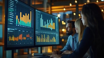 Poster - Team Analyzing Business Data on Multiple Screens. Business team analyzes data displayed on multiple large screens, focusing on charts and graphs in a dimly lit office environment.