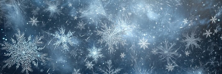 Poster - Delicate snowflakes and soft lines create a tranquil winter atmosphere, showcasing intricate designs in a cold evening light. Generative AI