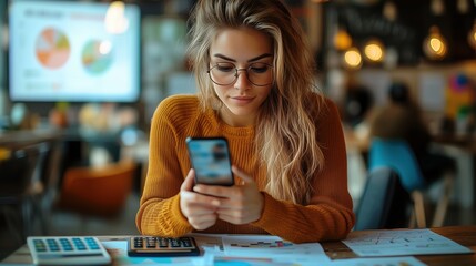 Poster - Young Businesswoman Analyzing Data on Smartphone. Young woman with glasses in a cozy office setting checks her smartphone while working on financial documents and reports.
