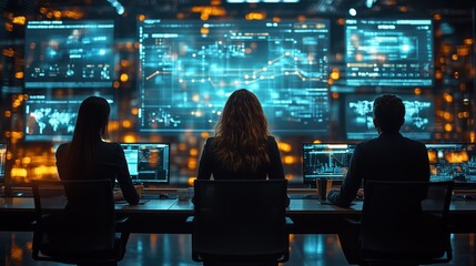 Poster - Team Analyzing Market Trends on Digital Screens. Team of professionals analyzes market trends displayed on large digital screens in a dark, high-tech office environment.