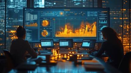 Poster - Professionals Reviewing Data on Large Screens. Professionals sit in a modern office reviewing complex data visualizations on multiple large screens, focusing on market and financial insights.