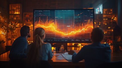 Poster - Team Discussing Financial Data in Dark Conference Room. Group of professionals sits around a conference table in a dimly lit room, analyzing financial data and charts on a large screen.