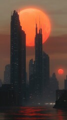 Canvas Print - Futuristic Cityscape with Red Giant Moon and Water Reflections