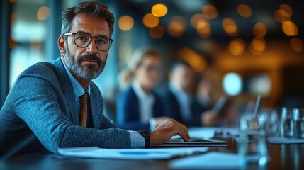 Poster - Confident Businessman at Corporate Meeting. Confident businessman with glasses looks on during a corporate meeting, with blurred colleagues in the background.