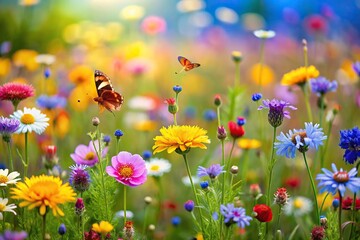 Colorful meadow flowers and insects under blue sky