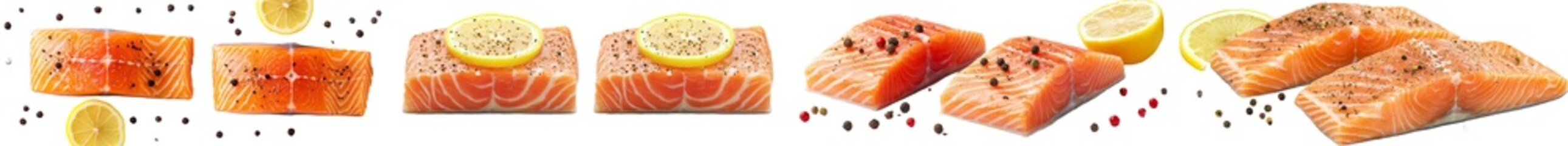 Poster - Fish isolated on white background, full depth of field, raw salmon with lemon and pepper